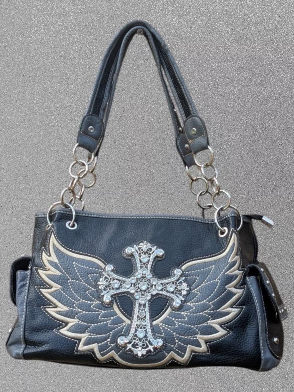 Black Winged Cross Shoulder Bag with Crystal Accent
